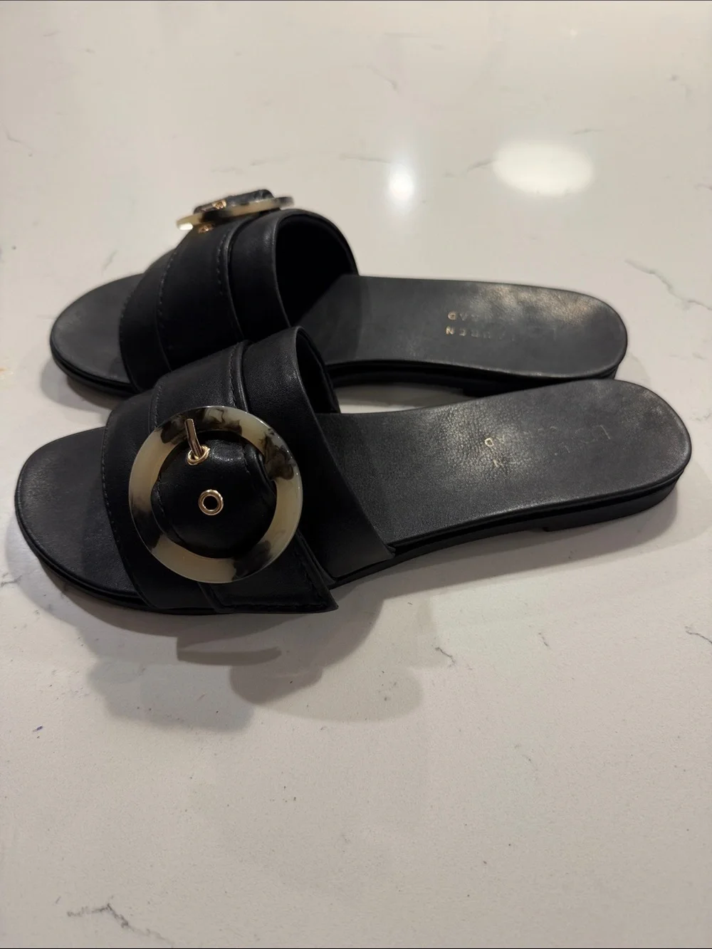LC Lauren Conrad Henna Black Slide Sandals, Tortoiseshell Circle Buckle. Size 9.